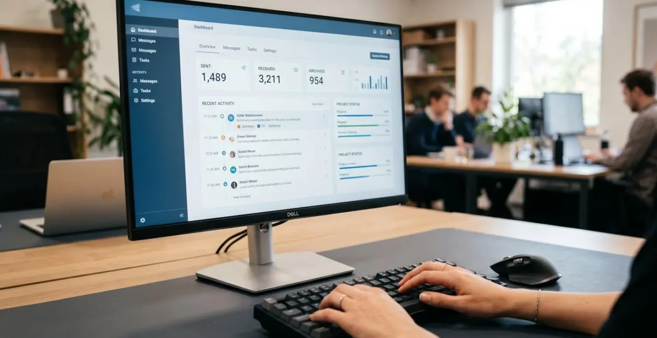 Vue d'ensemble d'un tableau de bord de suivi d'envois recommandés électroniques sur écran d'ordinateur dans un bureau professionnel