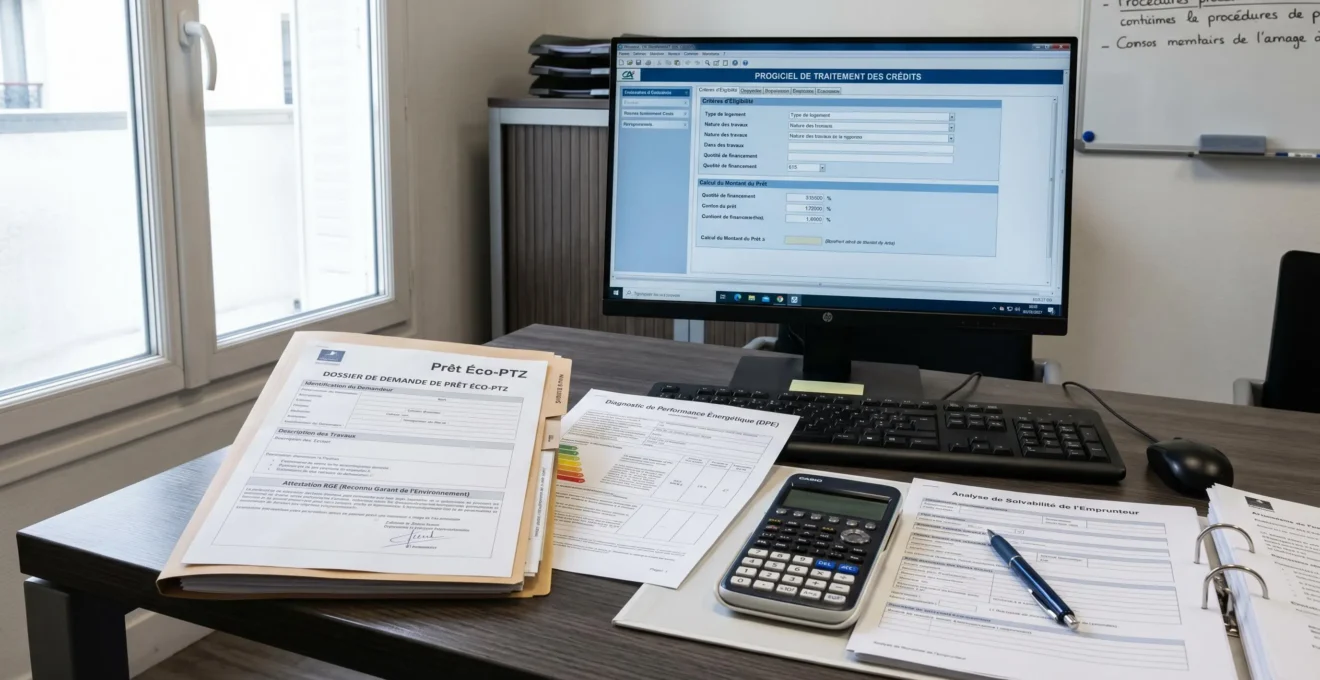 Bureau de conseiller bancaire avec dossier éco-PTZ ouvert, documents administratifs DPE et devis RGE, écran d'ordinateur affichant interface de traitement de crédit, calculatrice et formulaire d'analyse de solvabilité