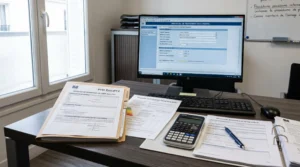 Bureau de conseiller bancaire avec dossier éco-PTZ ouvert, documents administratifs DPE et devis RGE, écran d'ordinateur affichant interface de traitement de crédit, calculatrice et formulaire d'analyse de solvabilité