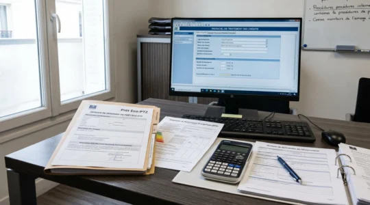 Bureau de conseiller bancaire avec dossier éco-PTZ ouvert, documents administratifs DPE et devis RGE, écran d'ordinateur affichant interface de traitement de crédit, calculatrice et formulaire d'analyse de solvabilité