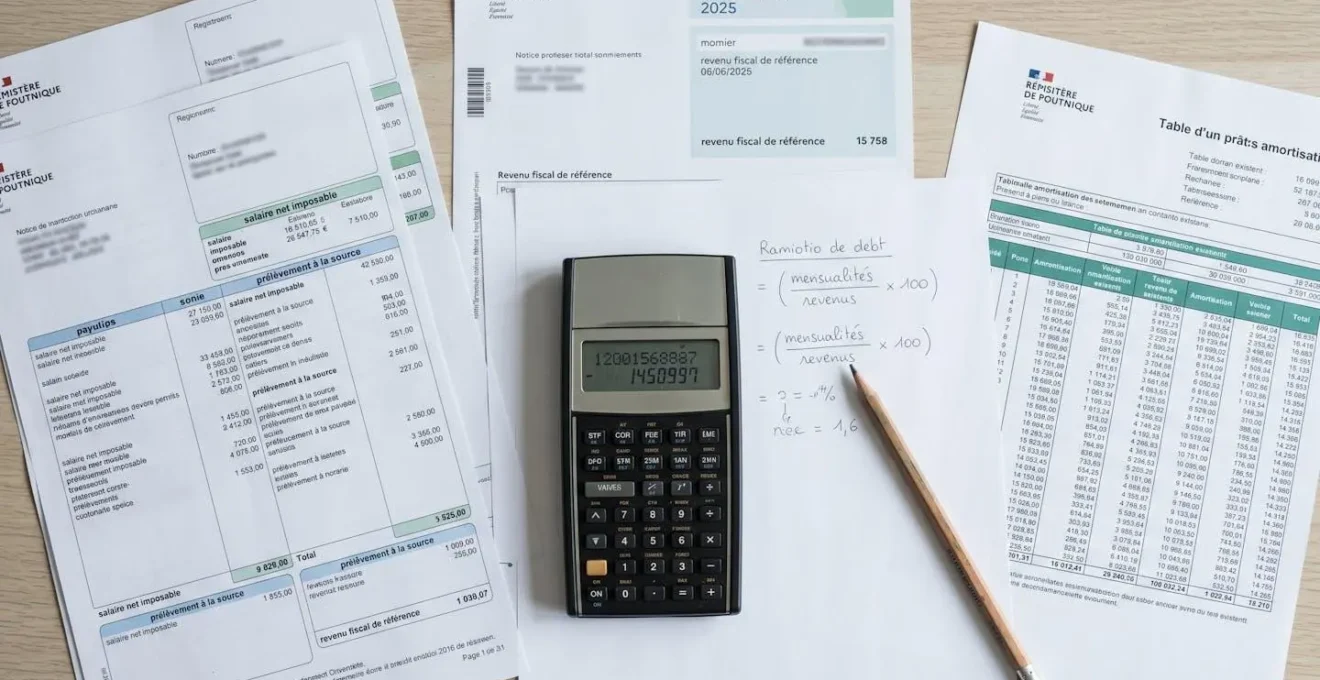 Vue de dessus de documents financiers pour éco-PTZ : bulletins de salaire, avis d'imposition, tableau d'amortissement, calculatrice et feuille avec calculs manuscrits de taux d'endettement